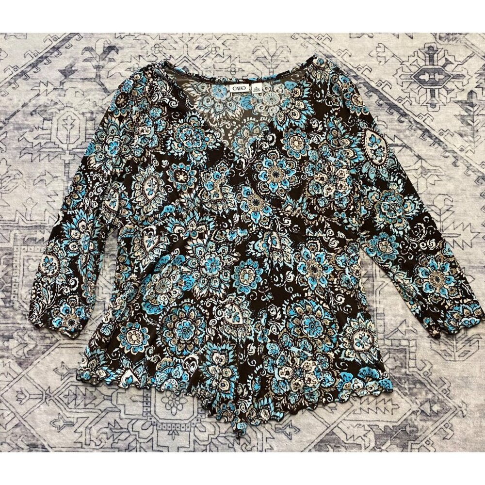 Cato‎ X-Large Brown & Blue Floral Print V-Neck Blouse Faux Wrap Ruffled Hem